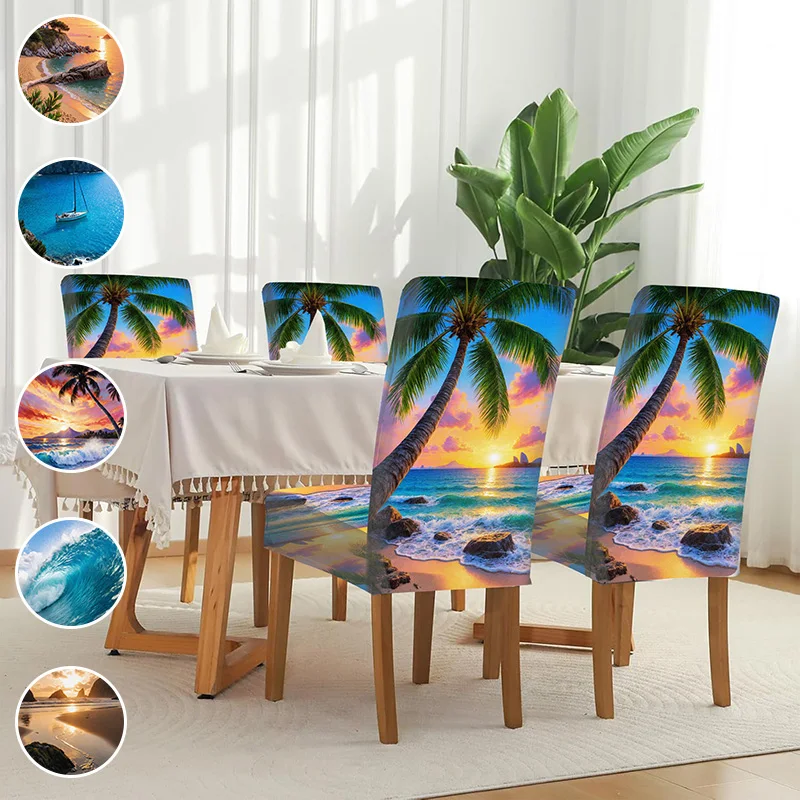 Elastic printed dining chair cover, washable anti-grab dining chair cover, tropical beach sunset scenery pattern