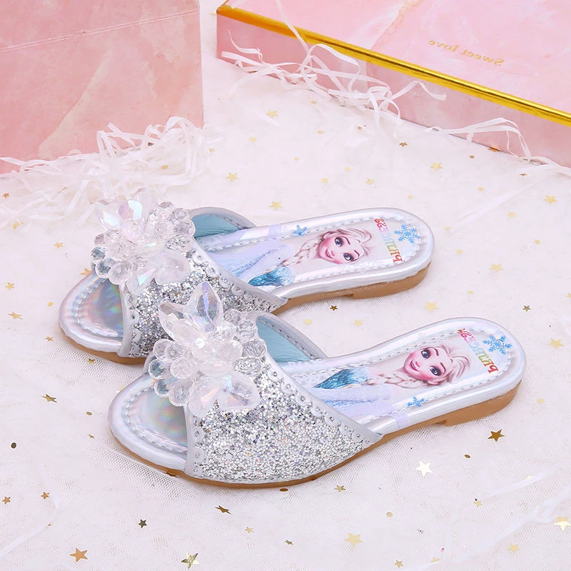 Disney Children\'s Sandals Frozen Slippers Fashion Elsa Princess Shoes Crystal Flowers Non-slip Blue Pink Silver Girls\' Sandals