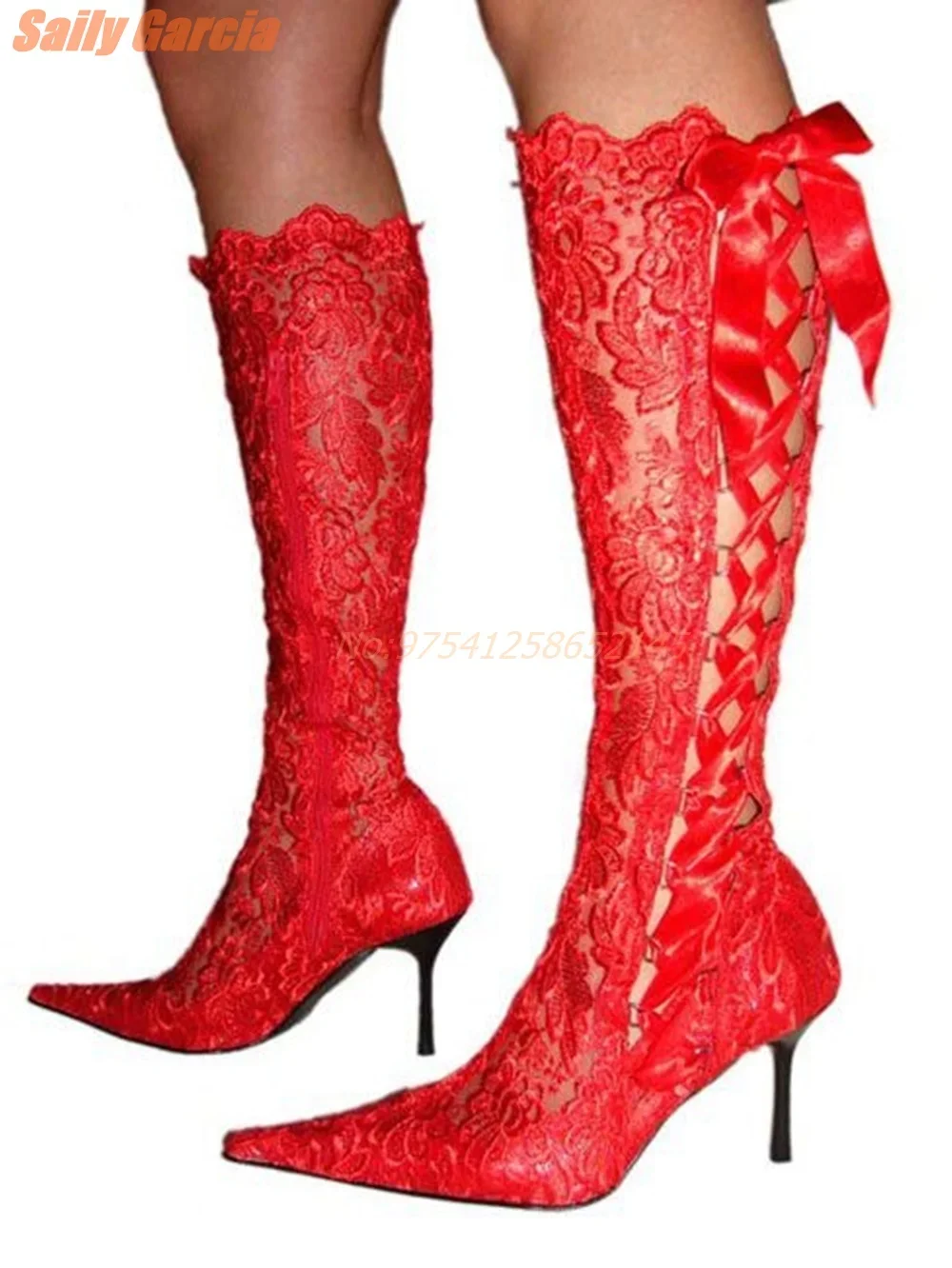 Lace Hollow Strappy Boots Sexy Red White Women's Boots Wedding Crossover Strap Pointed Toe This High Heel Over-the-Knee Spring