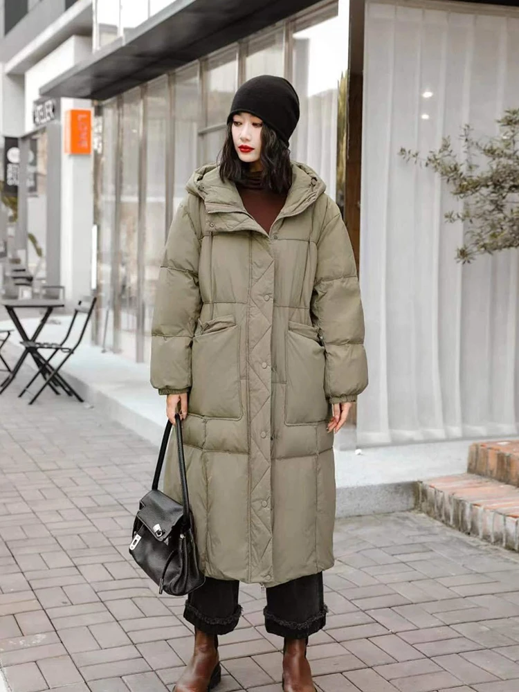 

Winter Long Big Pocket Hooded Down Jacket Women White Duck Down Drawstring Down Jacket Female Warm Knee Length Parker Outwears