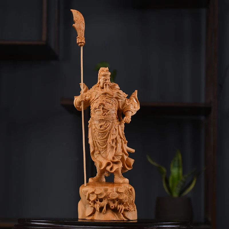 Natural Cypress Character Guan Gong sculptures and figurines Solid wood carving  Home Room Office Wealth Luck Feng Shui Decor