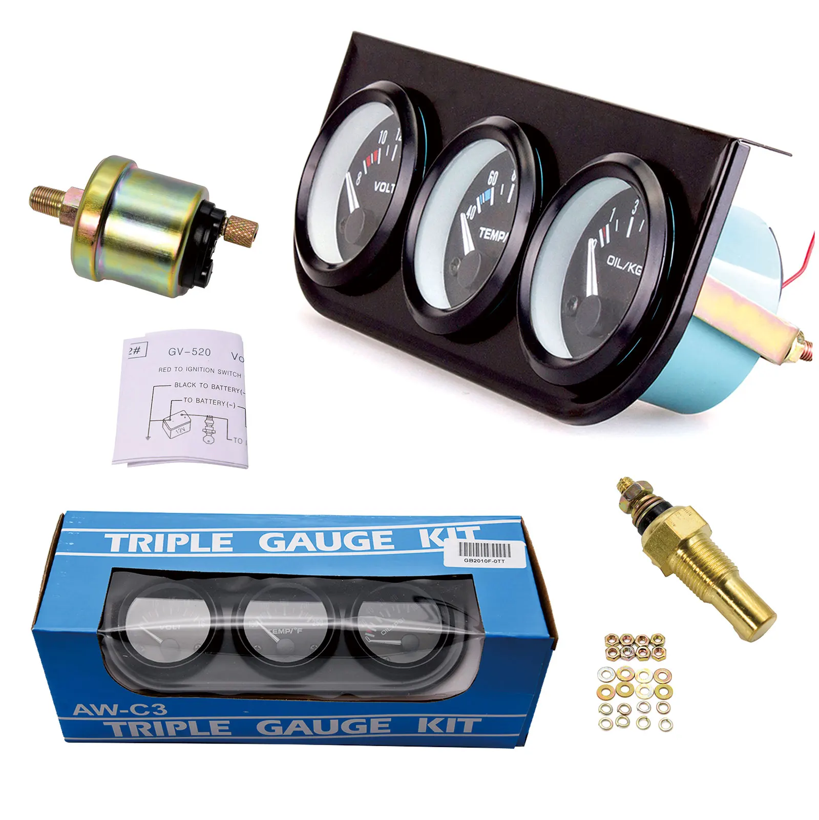 52MM 3-in-1 Voltmeter, Wassertemperaturanzeige, Öldruckanzeige-Set, Auto-Kraftstoff-Voltmeter, Wassertemperaturanzeige, Dreifach-Tachometer – Detail 3