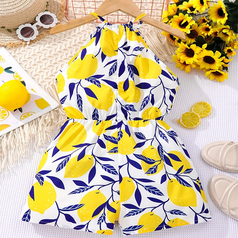 Summer Girls And Girls Cool And Breathable Cute Hanging Neck One Piece Printed Shorts Princess Daily Leisure Party Clothing