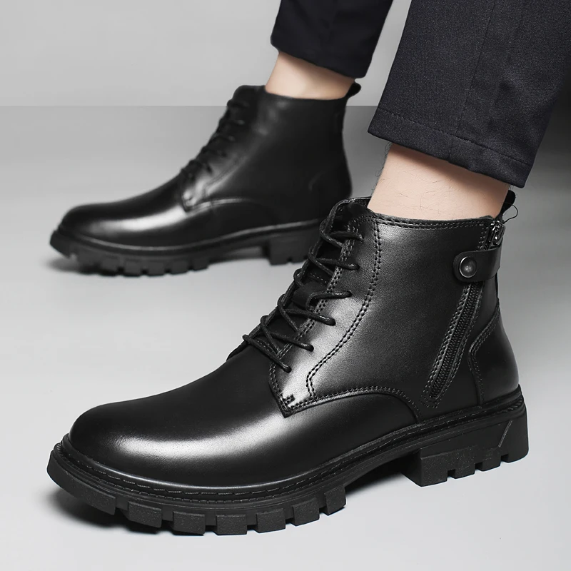 Winter Fashion Plush Warm Shoes Outdoor Ankle Boots Lace Up Non-Slip Motorcycle Boots Botas Genuine Leather Men's High Top Shoes