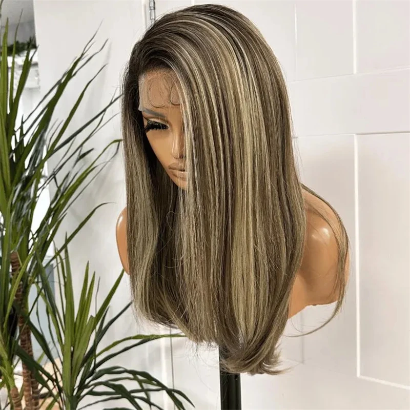 

Ash Brown Straight Lace Front Wig with Beige-Blonde Highlights Synthetic HD Transparent Lace Front Wig High Density Wig Daily