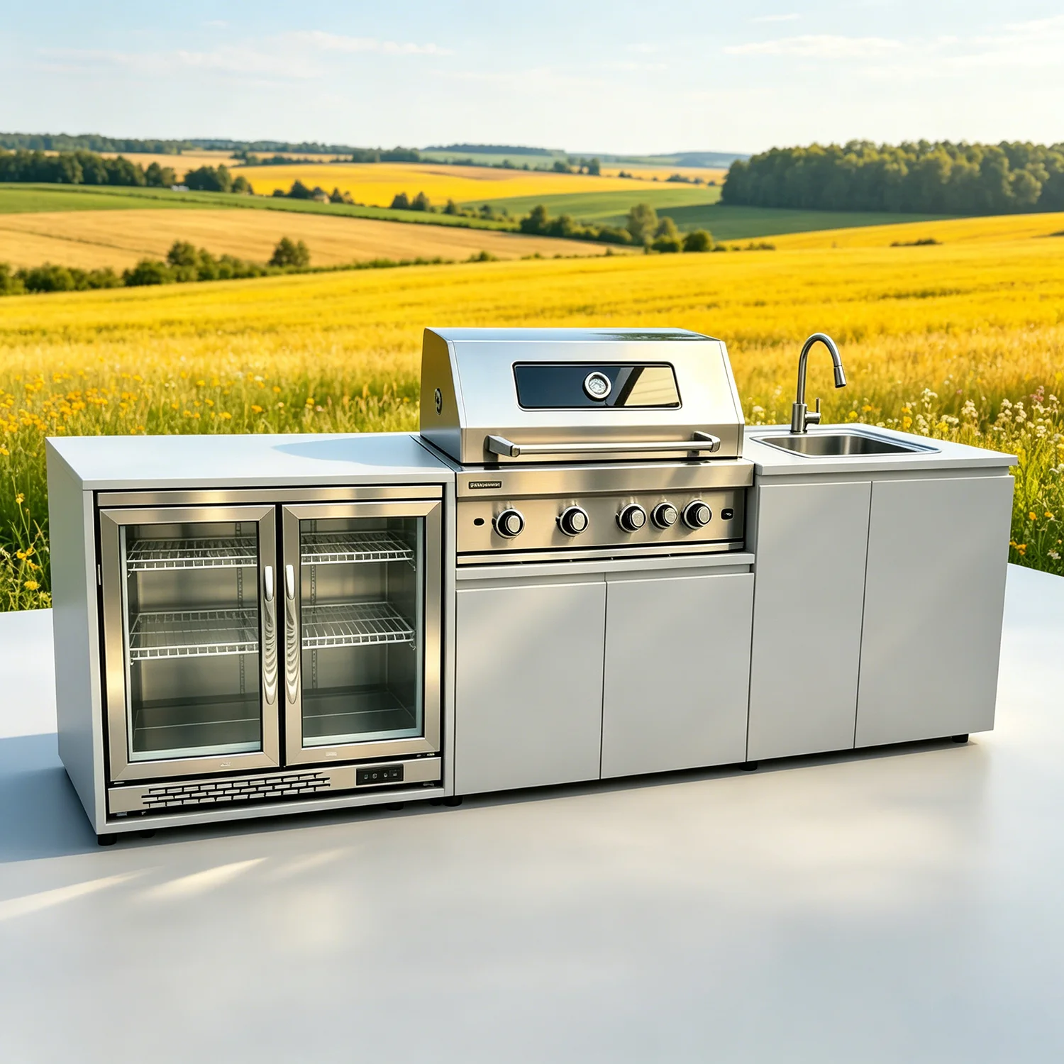 Luxury Outdoor Kitchen Island on Wheels Equipped with Fridge,High-End Cookware,Bakeware,Pots Sets& Stylish Kitchen Accessories