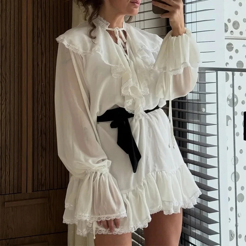

2026 Spring New Design Sense Lace Splicing Ruffle Long Sleeve Shirt Dress Women Slimming Fashion