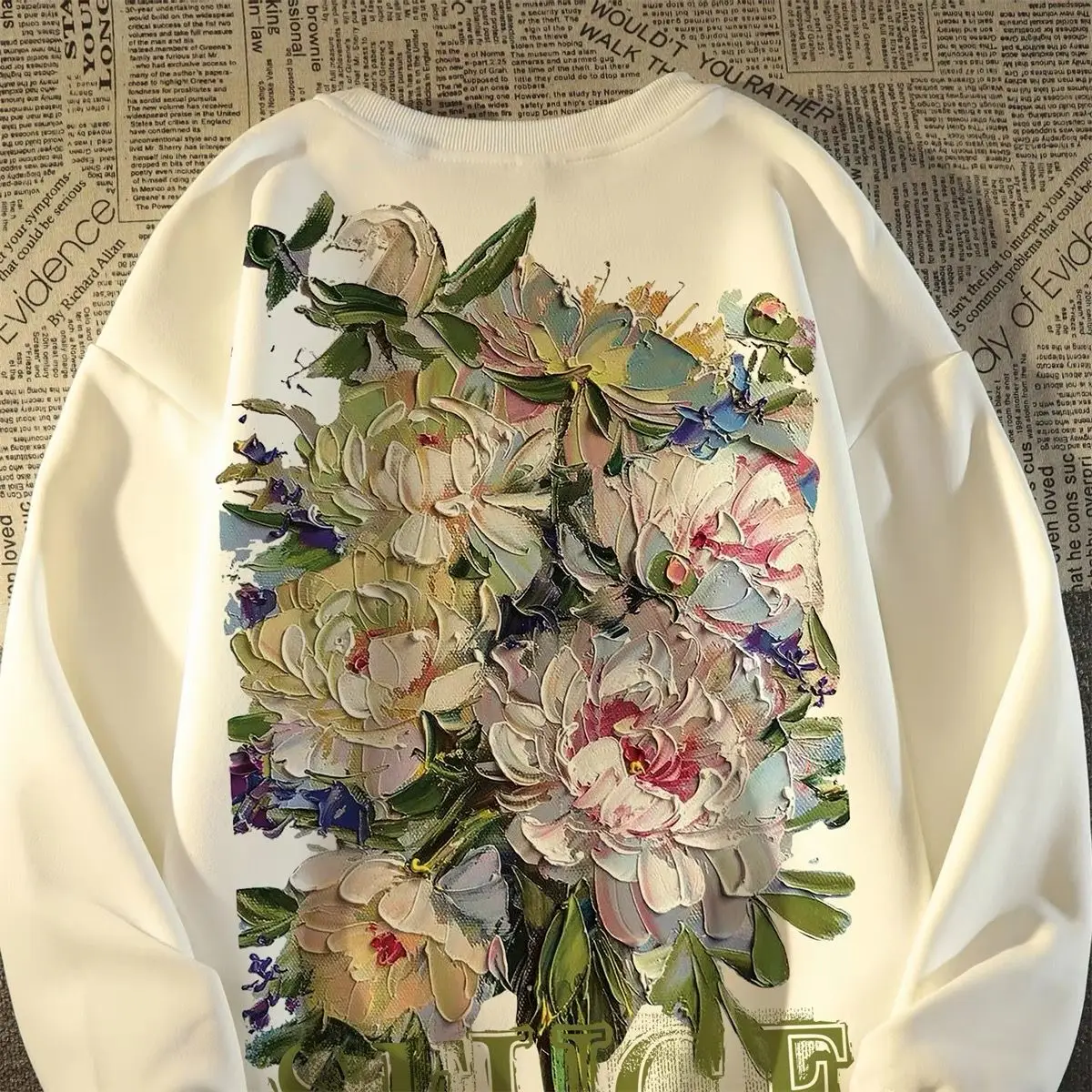 

Crew Neck Sweater American Retro Flower Men's and Women's Same Loose Velvet Thick High Street Autumn Coat