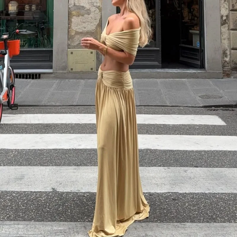 

Solid Exposed Navel Beach 2pc Set Women's Casual Pleated Summer Outfits V-neck Camisole Top and Long Skirt Holiday Suit