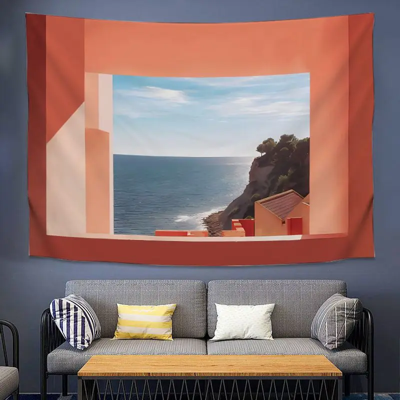 VIKAMA Simulated Window “Ocean Sunset” Print Tapestry—An Atmospheric Seaside Scenery Wall Hanging for Living Room Decor