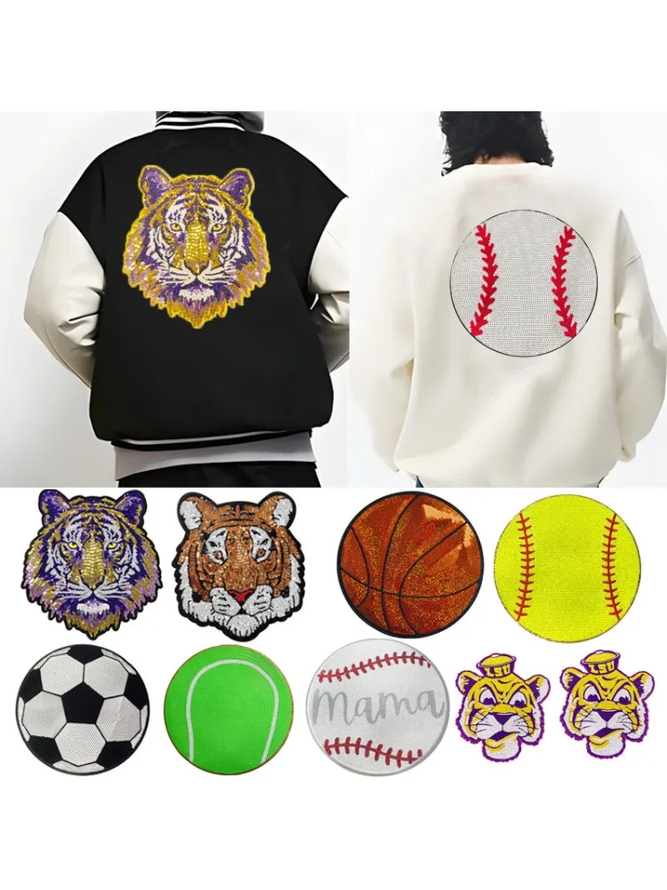 Énormes patchs de tigre, perles à paillettes, patchs de repassage, sport, Football, basket-ball, autocollants brodés, Badge à repasser pour chapeaux et sacs, 1 pièce