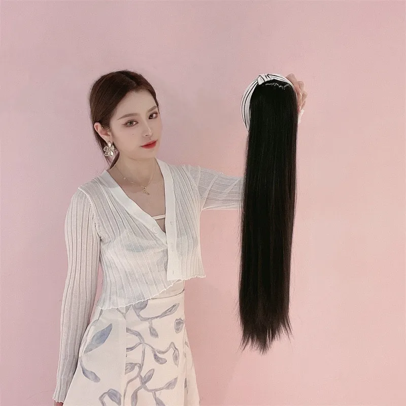 Hair synthetic wig women, black long straight hair, half-head cap, U-shaped seamless hair extension, realistic hair piece summer