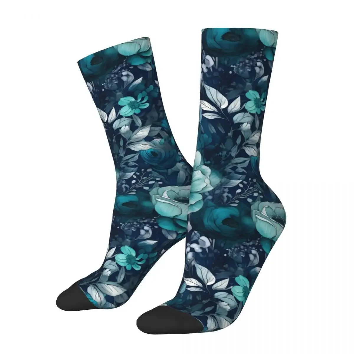 

Navy And Teal Watercolour Flowers Men's Socks Retro Harajuku Street Style Novelty Casual Crew Sock