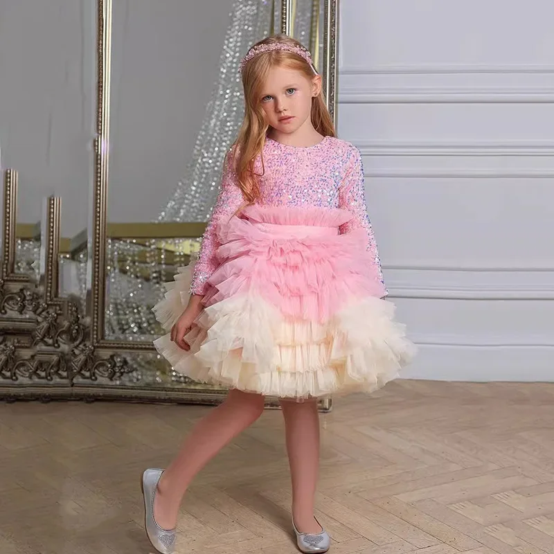 

Child girl wedding dress with bow champagne party dresses sequined tiered tulle sleeves puffy flower girl dresses for weddings