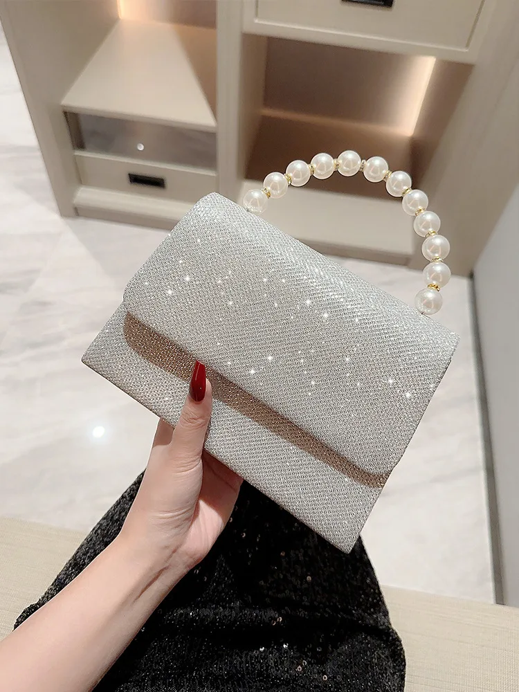 2024 Luxury Women Shiny Shoulder Bags Gold Crossbody Bags Fashion Pearl Chain Shell Clip Small Handbag Evening Clutch Bag