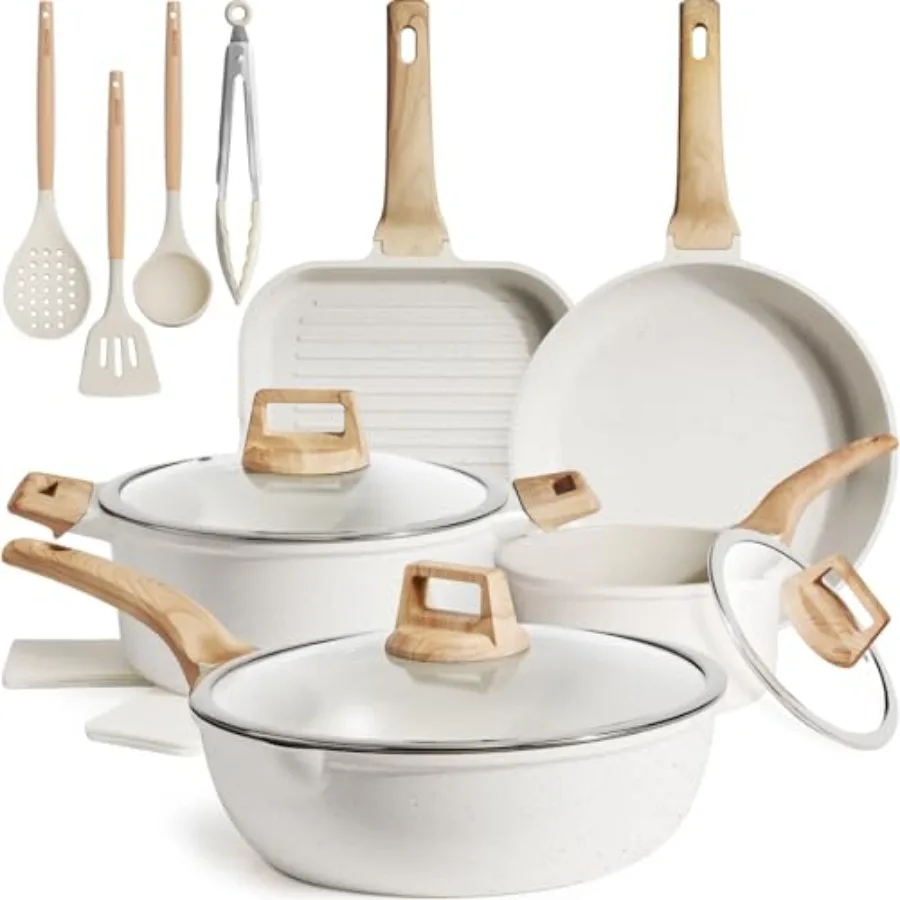

16Pcs Ceramic Pots and Pans Set Non Stick, Includes a 9.5" Grill Pan, Induction Kitchen Cookware Sets, White Nonstick RV Kitche