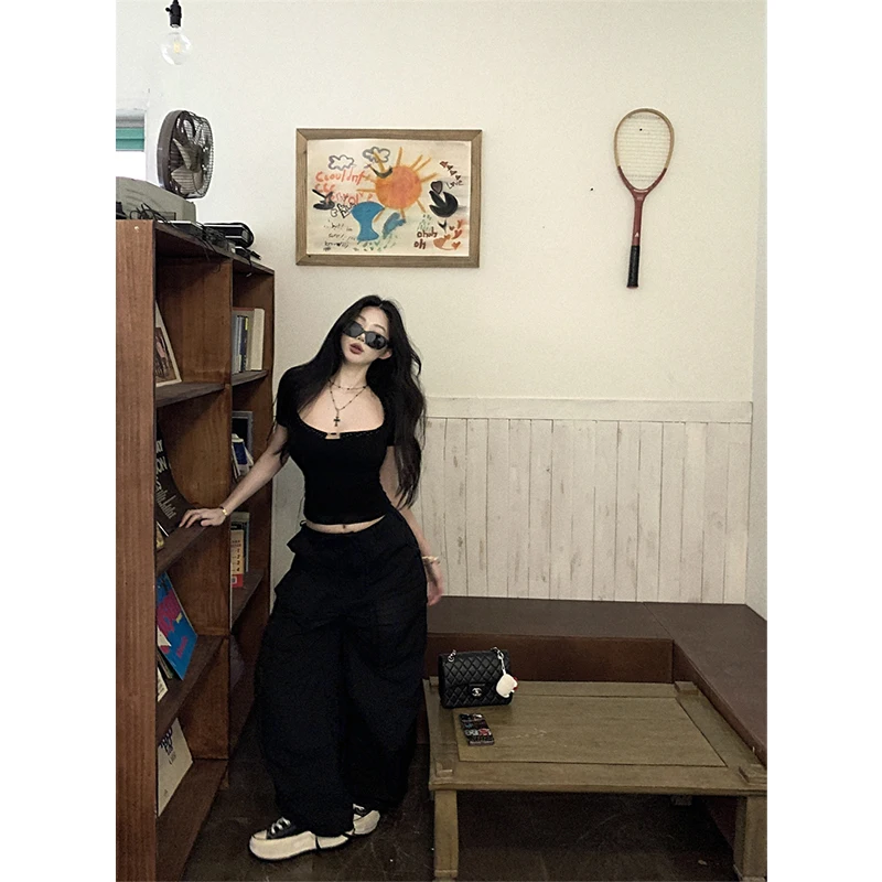 MEXZT Y2K Maglietta nera Donna Harajuku Streetwear Fasciatura Crop Top Estate Sexy Gyaru Grunge Estetica Manica corta Design Tees