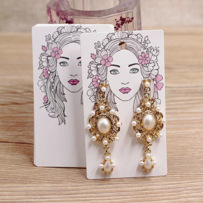 50Pcs 5x9cm White Paper Print Girl Pattern Earring Card Glasses /Brown Face Girl People Jewelry Display Packaging Cards Tags