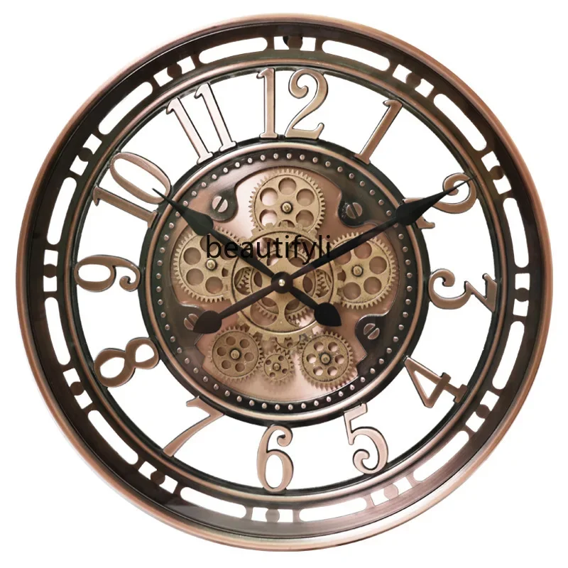 European metal gear wall clock American retro art clock living room, creative hands quartz clock