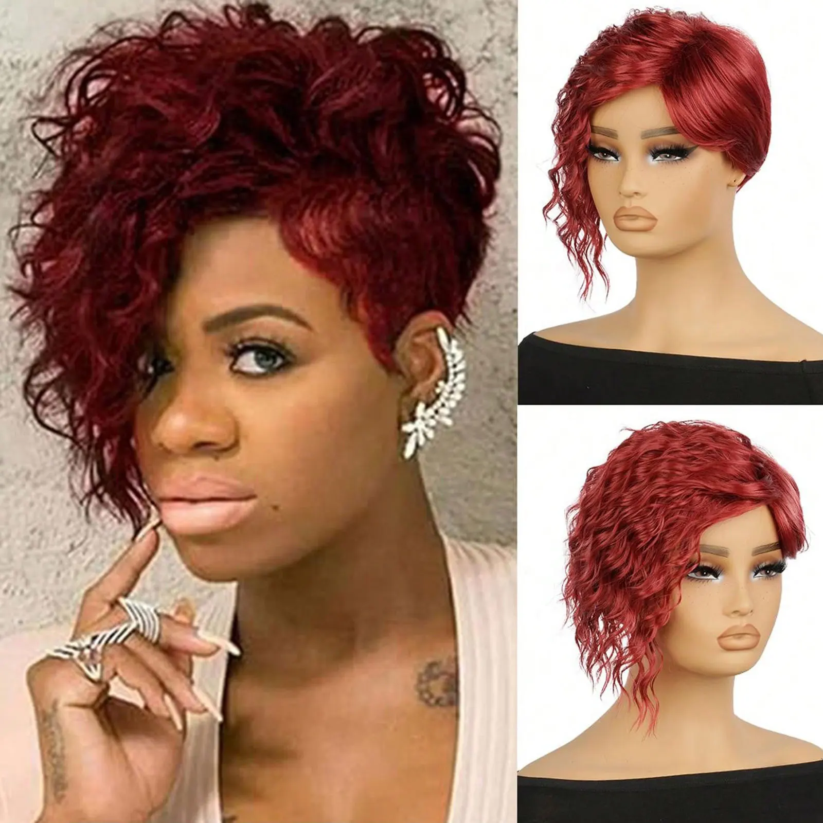 

99J Короткие вьющиеся парики для черных женщин, естественный вид, Волнистые Короткие бордовые парики с челкой, боковая часть, синтетические волосы, модные парики
