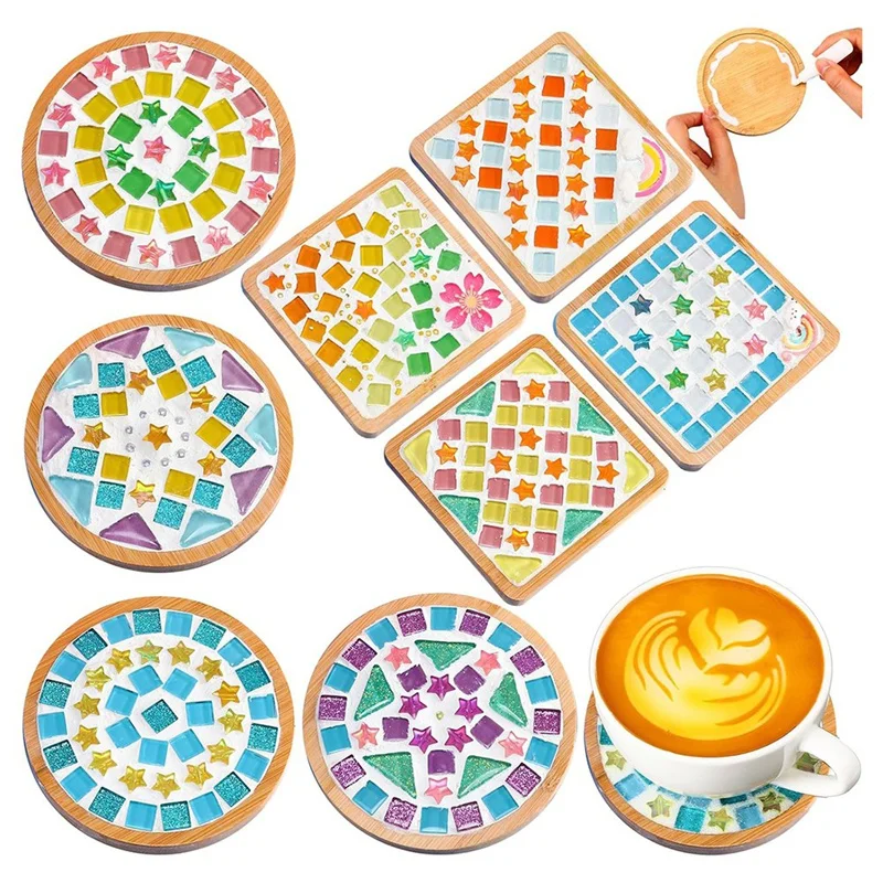 8 Sets DIY Glass Mosaic Tile Crafts, Mixed Color Mosaic Kits With Wooden Coasters Adult DIY Coaster Sets For Gifts