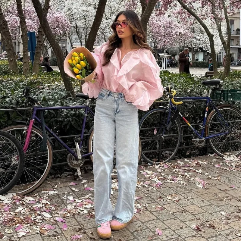 Spring Women 2026 Elegant V-Neck Blouse Single-Breasted Women Long Sleeves Laminated Decorative Solid 2color Shirt Women Clothes