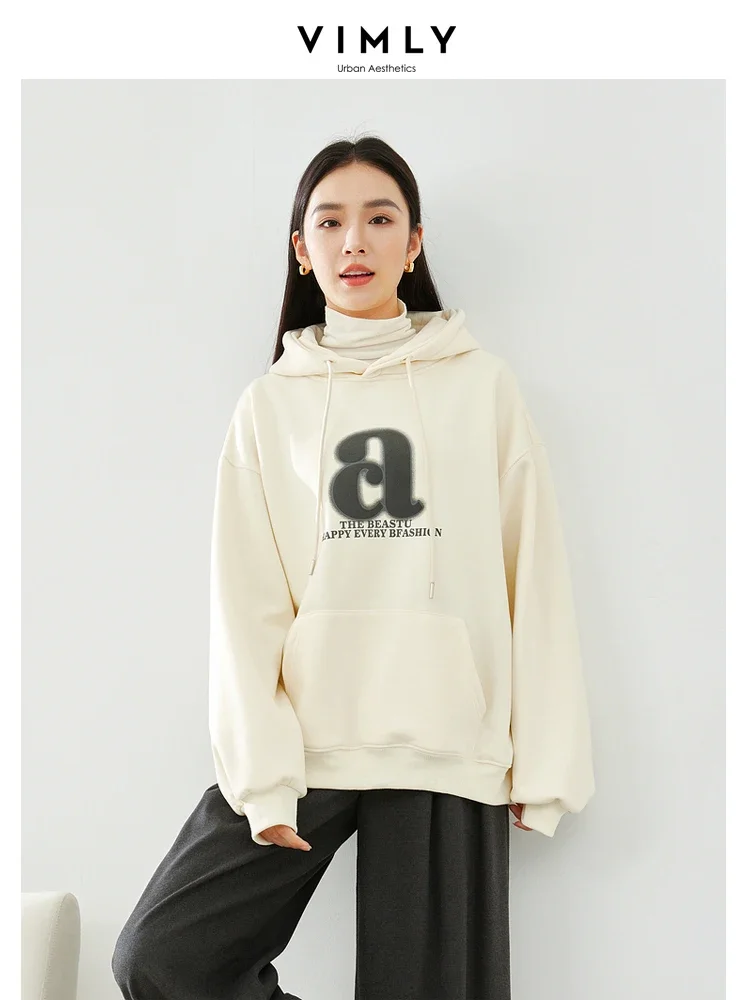 

Vimly 2023 Winter Fleece Thick Hoodies Apricot Cotton Women's Long Sleeve Top Letter Printed Casual Loose Pullovers Female M5671