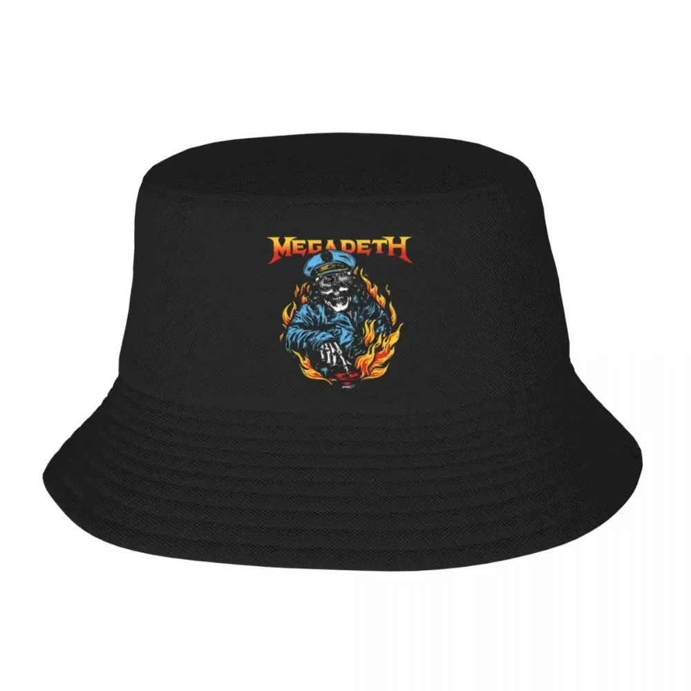

Trendy Megadeth Fire Skull Captain Bucket Hats For Unisex Foldable Metal Band Bob Hat Summer Beach Hatwear