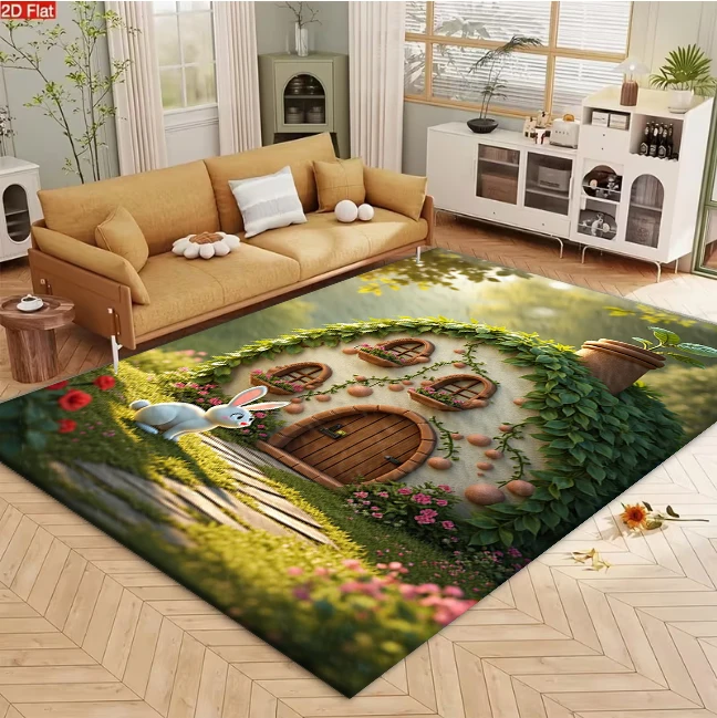 Cute Elven Bottle House Rabbit Art Carpet Flooring Whimsical Cartoon Style Household Area Rug Indoor Home Decor Mat