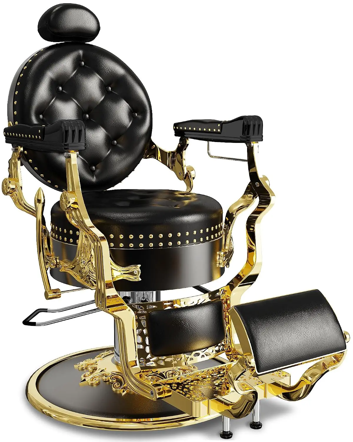 Black & Gold Retro Barber Chair, Heavy-Duty Reclining Salon Chair with Stylish Rivet Trim, Thick Cushion & Adjustable, Custom