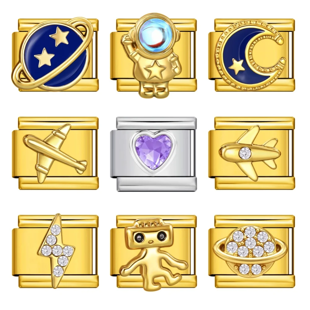 Design Goldfarben Flugzeug Luft- und Raumfahrt Mond Planet Edelstahl Schmuck Italienische Glieder passend für 9mm Armband DIY Charms Perlen