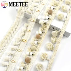 Meetee 2Yards Pom Trim Ball Fringe Ribbon Beige White Tassel Lace Knitted Fabric Beaded Handmade Craft Decor Sewing Accessories