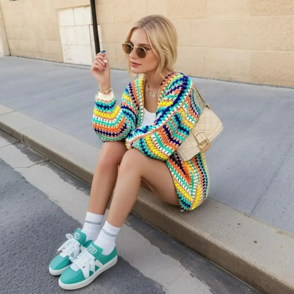 BOHO Contrast Color Geometric Striped Crochet Cardigan Woman Full Lantern Sleeve Sweater Open Stitching Knitwear Jumper Holiday