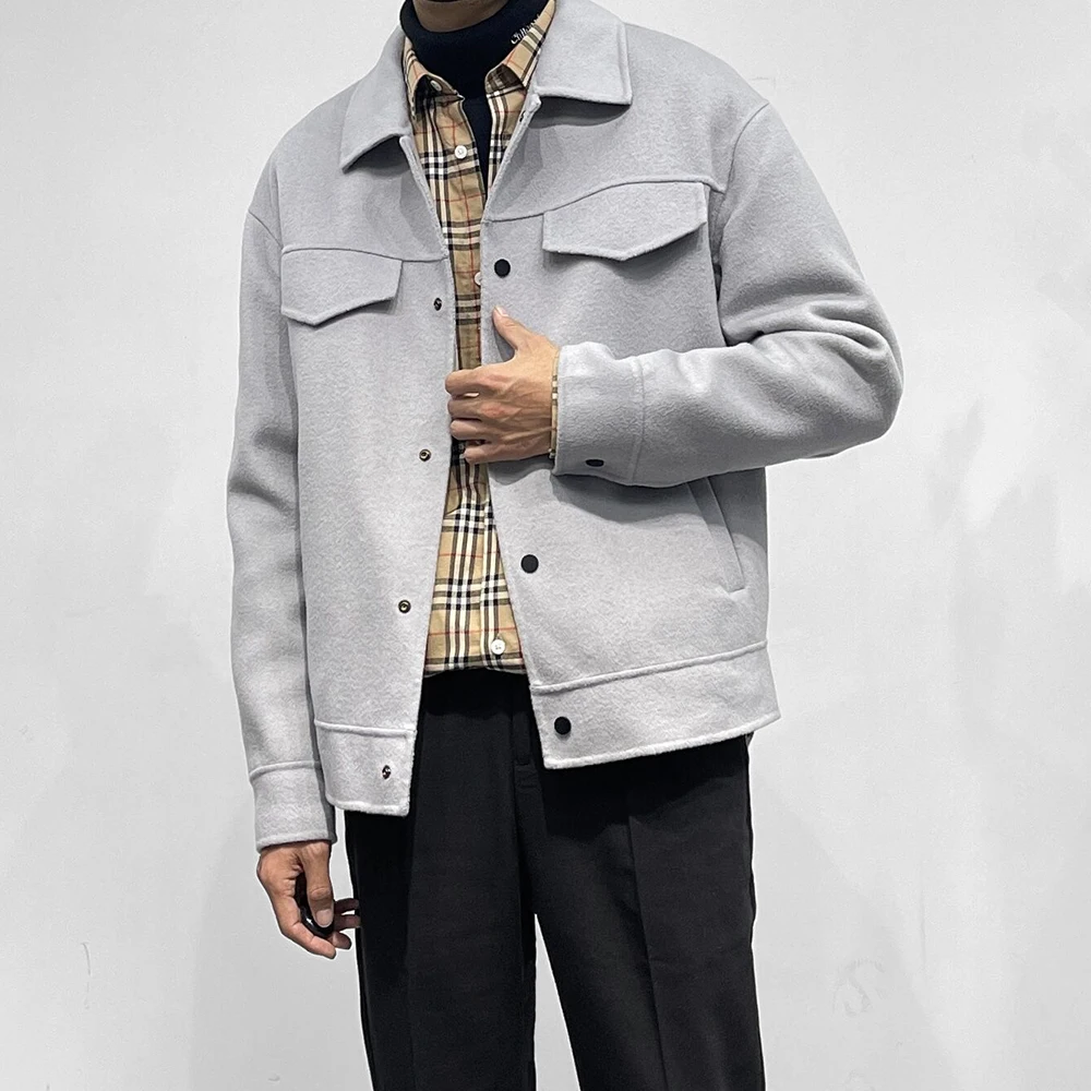 

Мужское зимнее пальто из твида с двойным плетением из чистой шерсти, с отложным воротником, на одной пуговице, теплое, в городском стиле