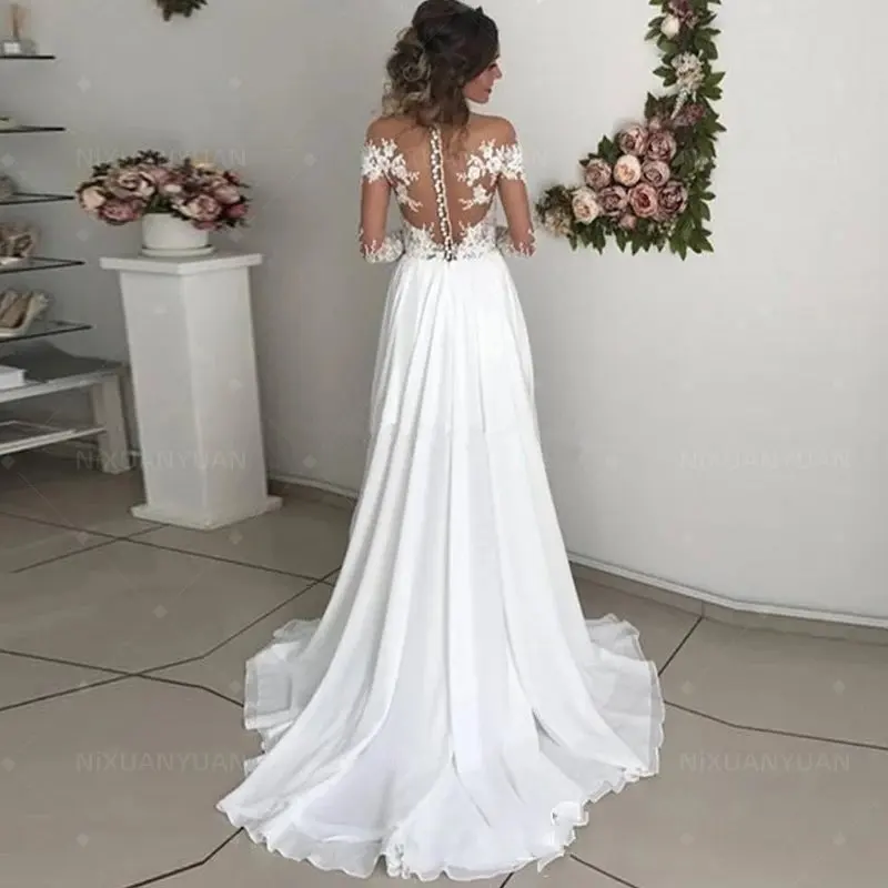 Vestidos de casamento boêmios com mangas compridas, fenda lateral chiffon, pescoço puro, vestidos de noiva boêmios, verão