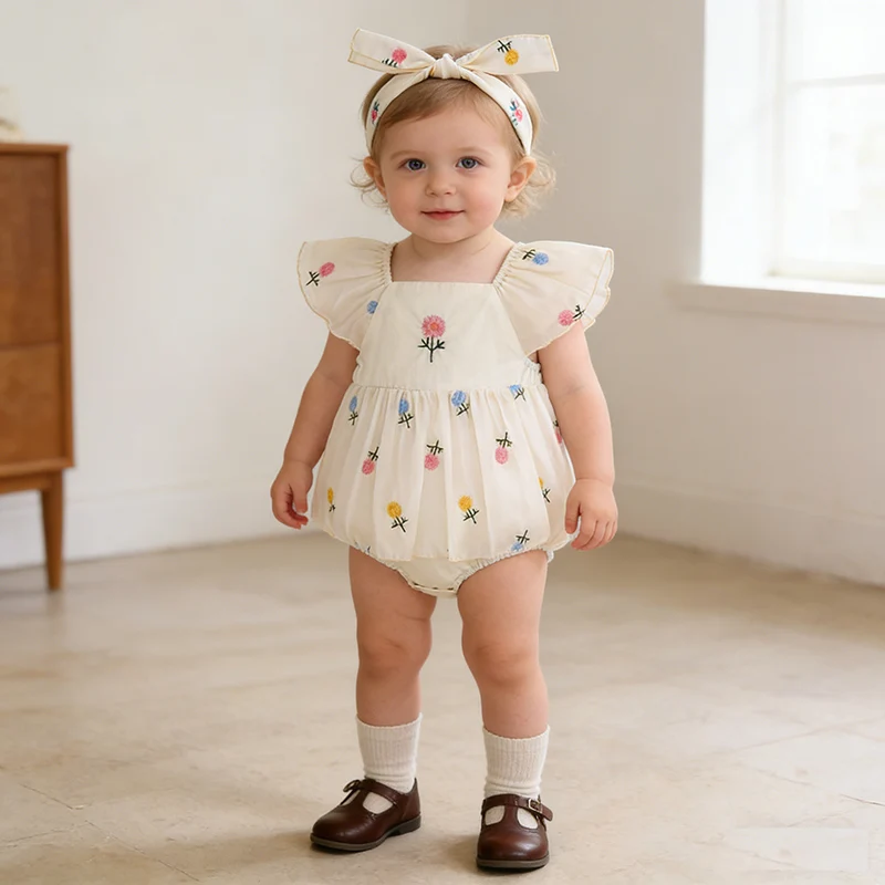 

Новинка 2023 года, летняя детская одежда для детей от 0 до 24 месяцев, комбинезон для новорожденных девочек, хлопковый комбинезон с летающими рукавами и вышивкой для маленьких девочек