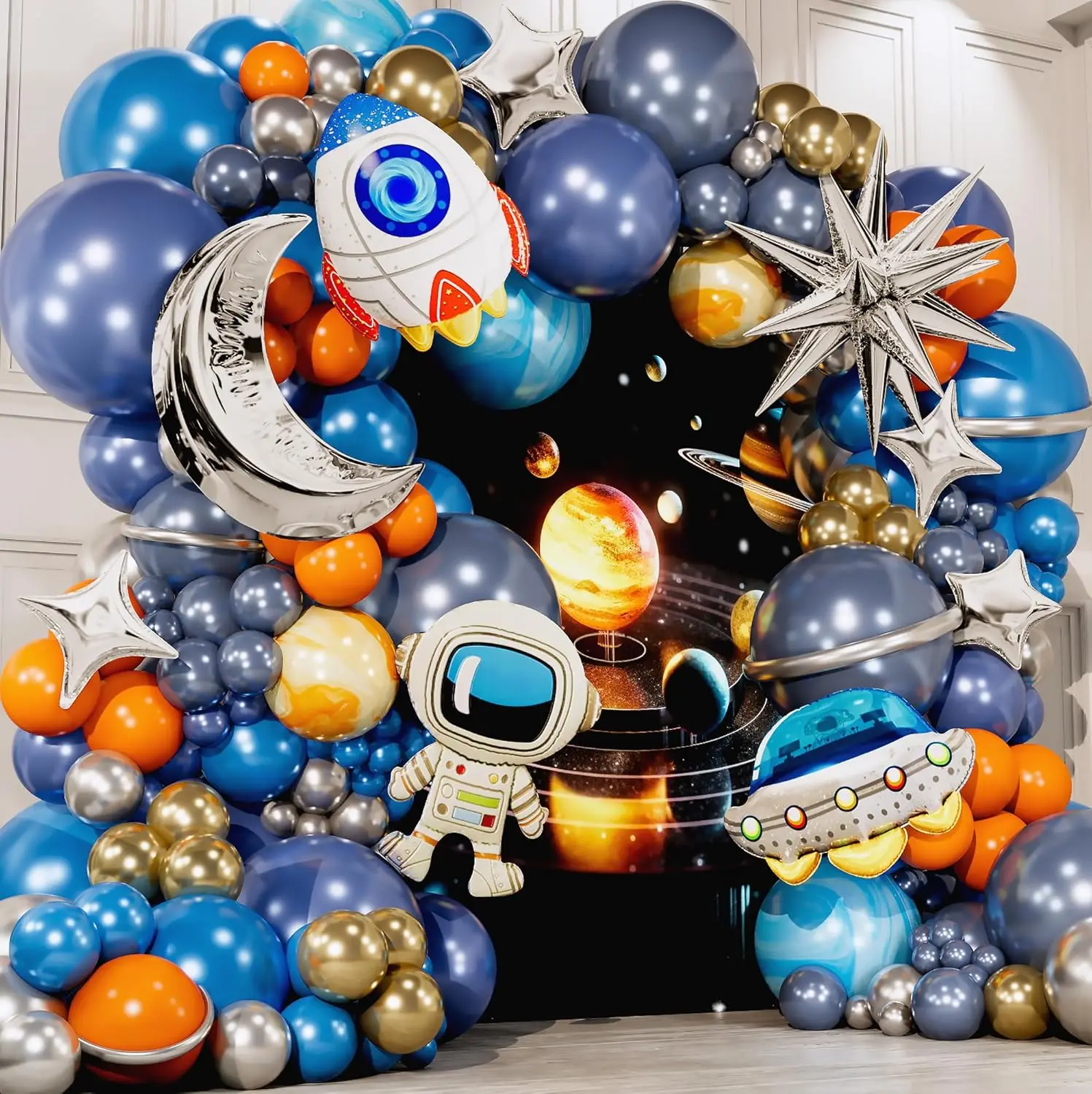 The Outer Space To The Moon Blue Orange Grey Astronaut Rocket UFO Balloon Garland Arch Kit for Galaxy Birthday Party Decoration - view 3