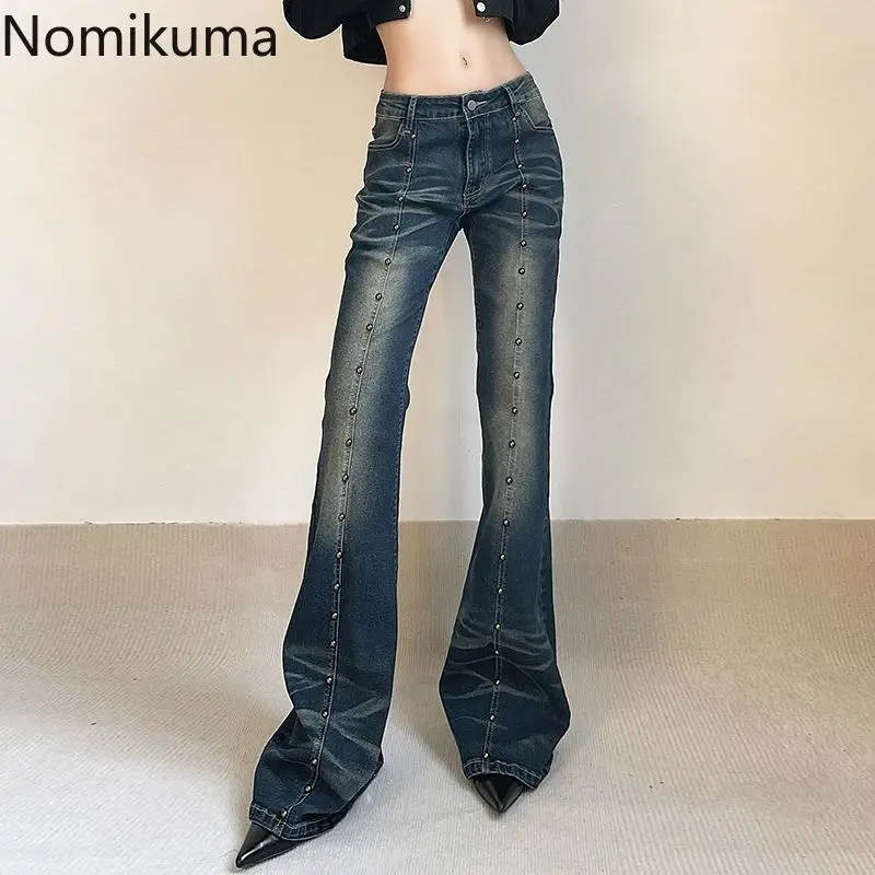 

Harajuku Rivet Jeans for Women High Waist Tunic Flare Pants Casual Chic Korean Pantalon Femme Streetwear Vintage Denim Trousers