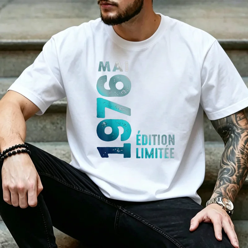 Unisex Vertical Mai 1976 Gradient French Text Graphic T Shirt Retro Birth Month Birthday Daily Streetwear Top