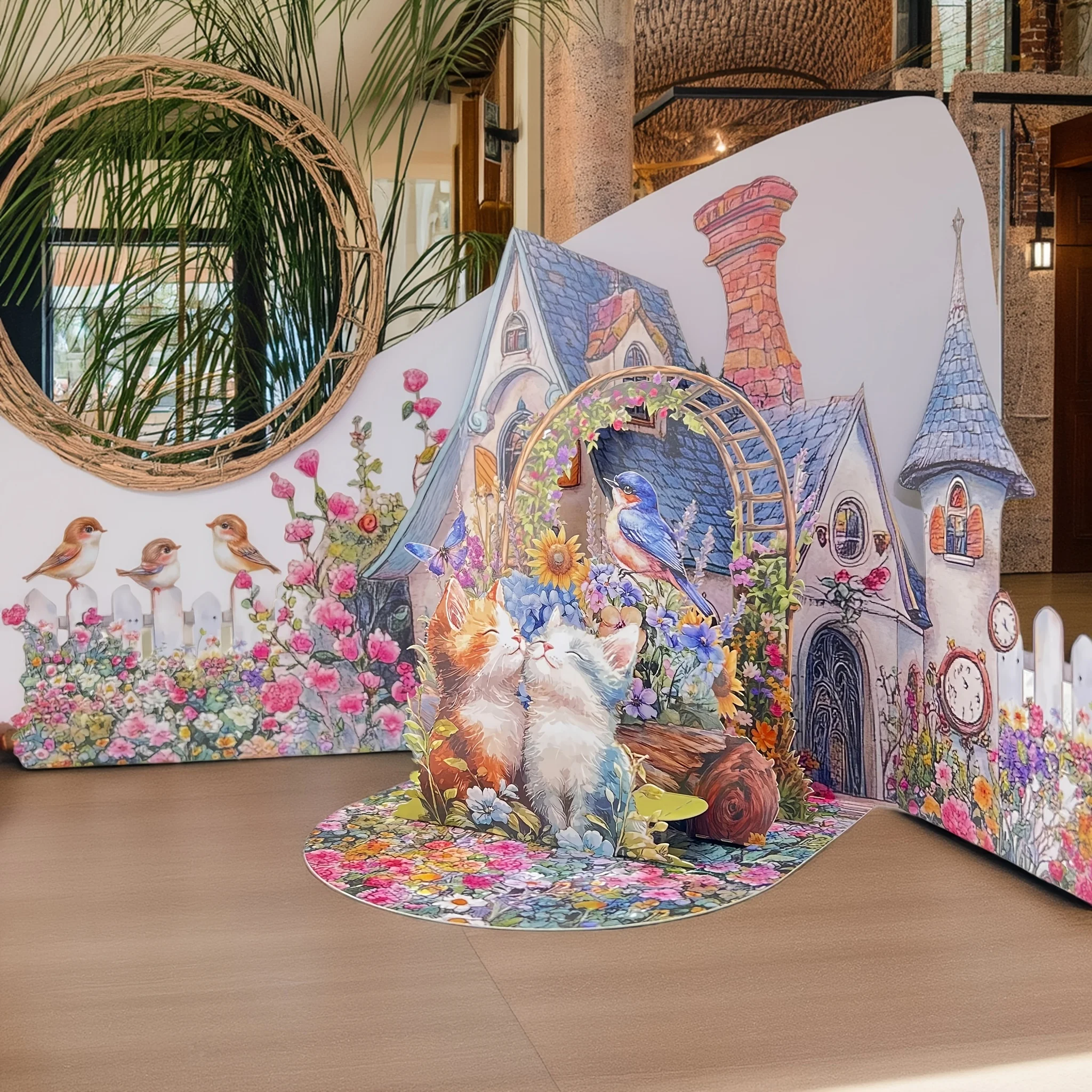 تتميز بطاقة تهنئة ثلاثية الطي مع حديقة مملوءة بالربيع مع قطط رائعة مثالية لإرسال التمنيات الجيدة في أي مناسبة