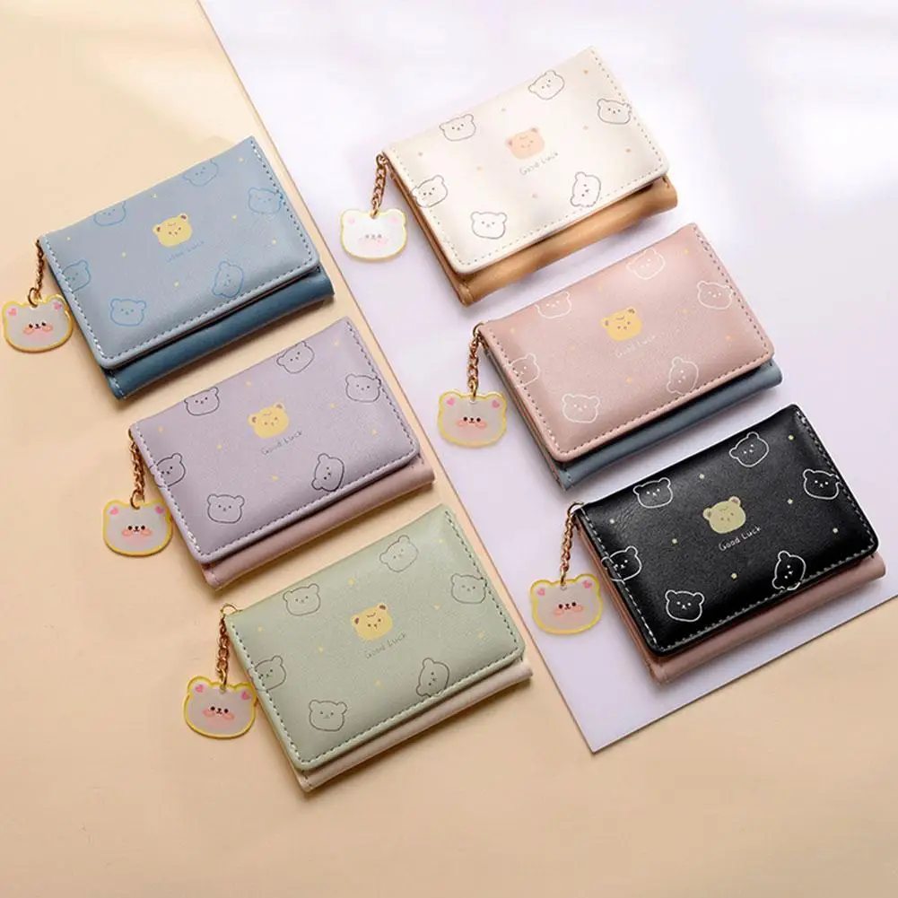 

Women Short Thin Korean Version Cute Cartoon Bear Ladies Small Wallet Student Three-fold Wallet Female Fashion Short Coin Purse