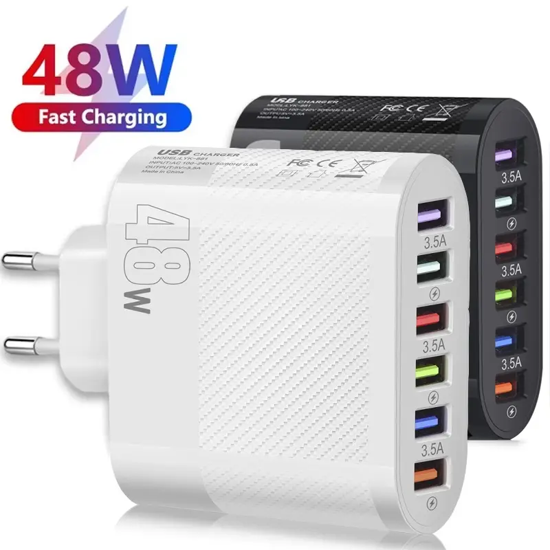 Carregador USB de 48W com 6 portas, carregador rápido 3.0 para celular, carregador rápido para iPhone 14, Xiaomi, Huawei, carregador de viagem com tomada EUA/UE.