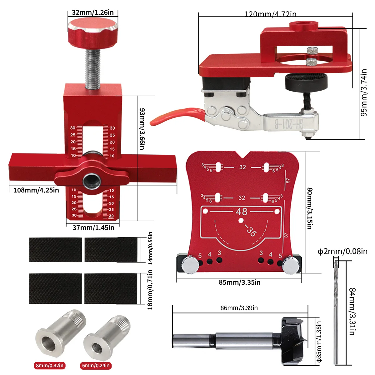 ชุดติดตั้งบานพับตู้แบบแม่นยำ 3 ชิ้น พร้อมกล่องกันน้ำ, ตัวกำหนดตำแหน่งบานพับตู้อะลูมิเนียม และตัวนำเจาะบานพับตู้