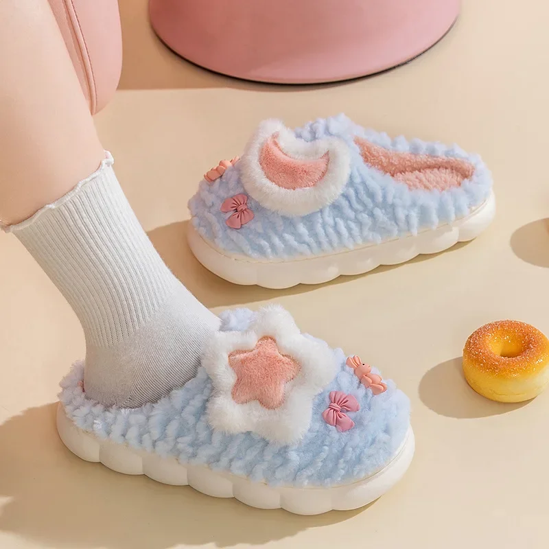 2023 new ladies cotton slippers cute stars moon cartoon thickened and piled home warm fur drag