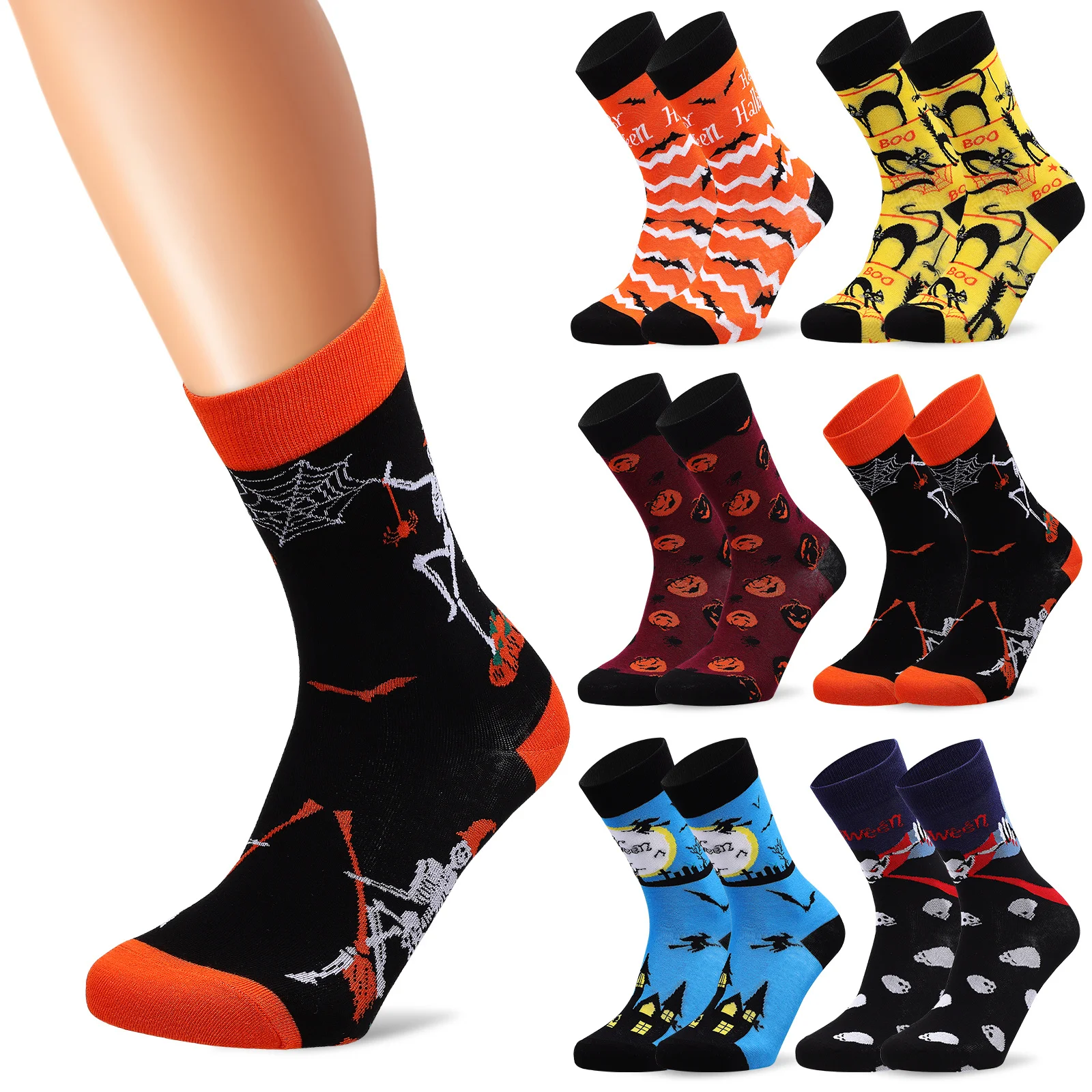 6Pairs Mid Calf Halloween Socks Cotton Comfortable Spooky Pumpkin Patterned Casual Socks for Men Women Unisex Novelty