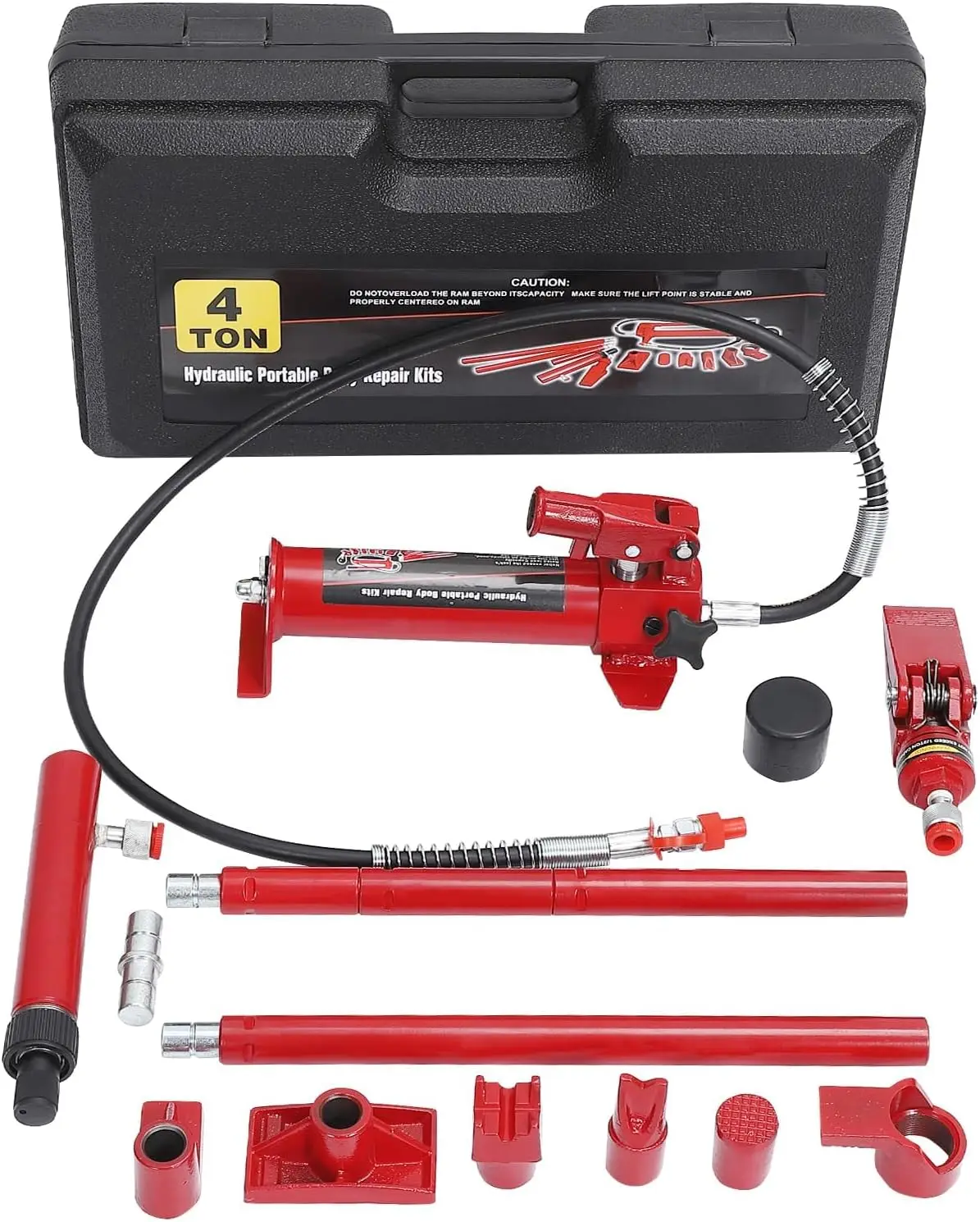 Kit cric idraulico portatile da 4 tonnellate, telaio in acciaio resistente con pompa manuale e tubo da 4,6 piedi, kit completo per la riparazione di carrozzerie di automobili, camion, garage, aziende agricole e per il sollevamento di attrezzature, scatola in plastica.
