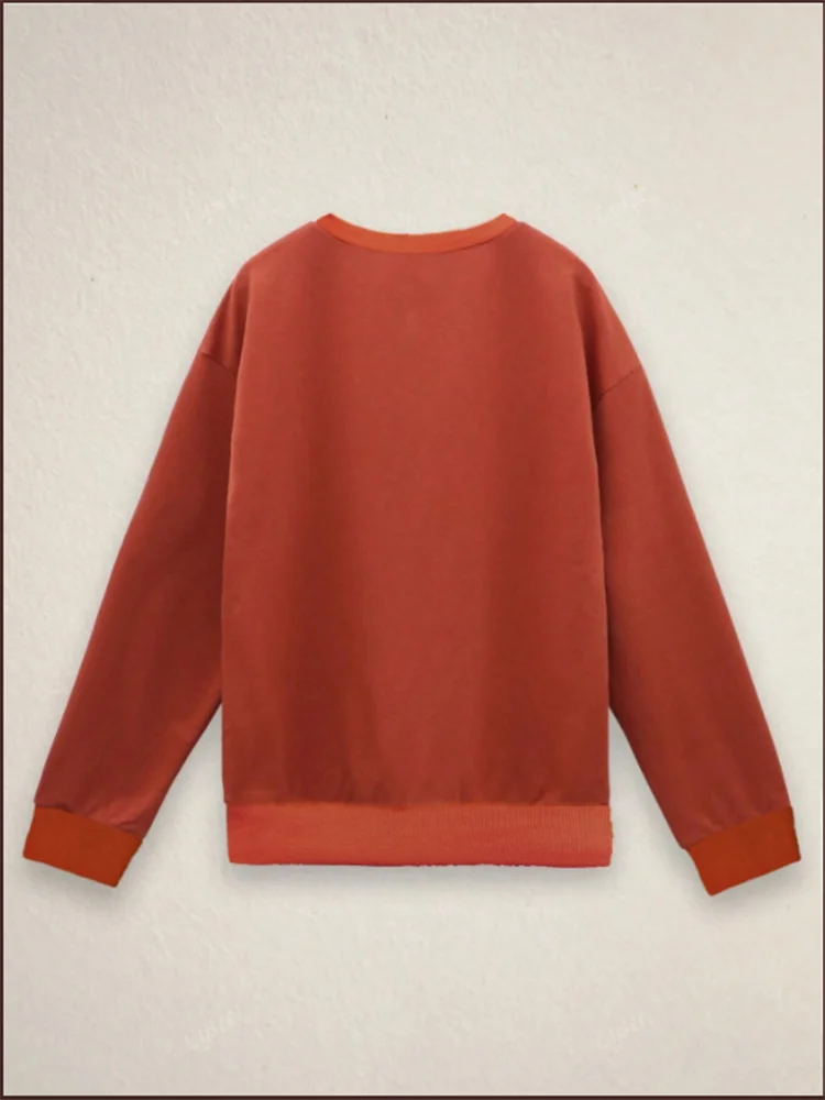 Geometric Print Long Sleeved Orange Round Neck Women\'s T-shirt Street Versatile Casual Comfortable Autumn Top