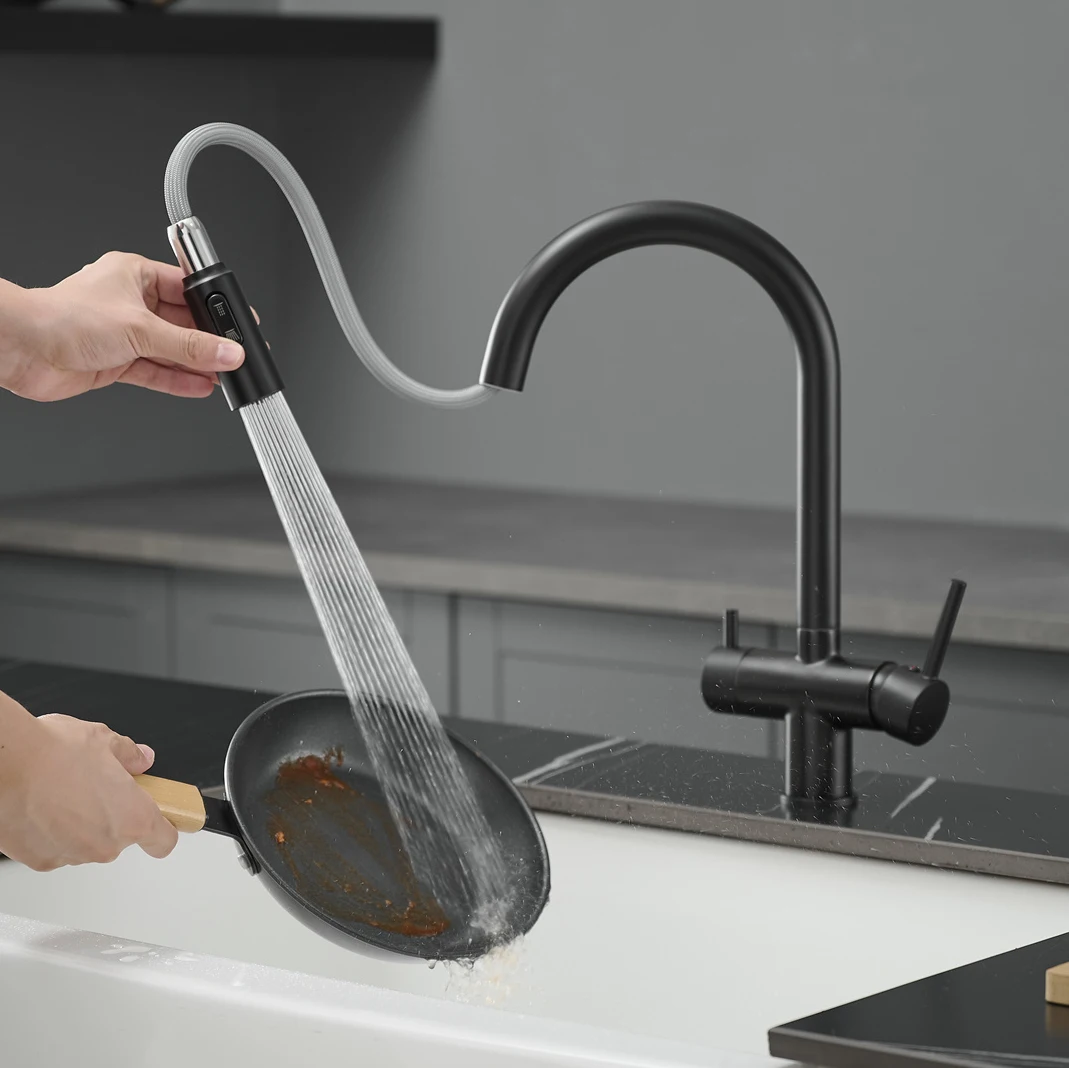 Pull Out Filter Kitchen Sink Faucets with Pull Down Hot Cold Kitchen Mixer Tap Solid Brass Pure Water Black Kitchen Sink Faucet