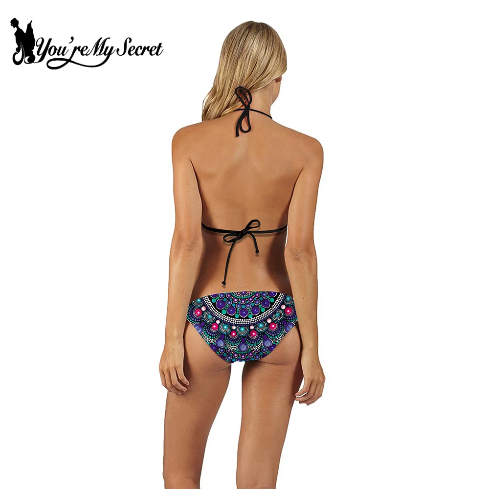 [You're My Secret] Women Vintage 3D Print Bikini Set Halter Neck Swimsuit Side Tie Triangle Bathing Suit Holiday Beach Swimwear