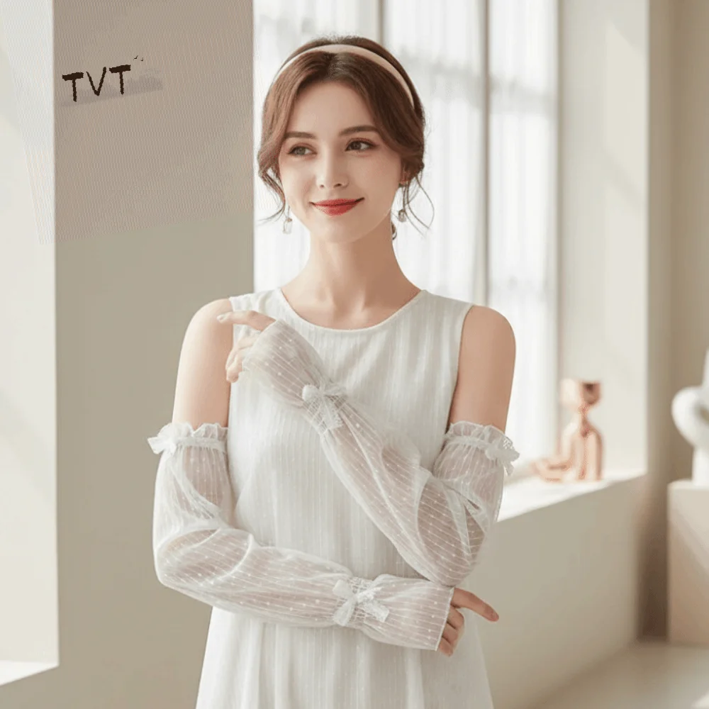 

1 pair French Retro Bowknot Lace Sun Protection Sleeves Breathable Lightweight Fabric Elastic Ruffle Trim Mesh Arm Covers